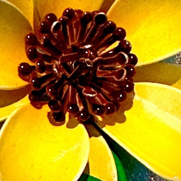 Mid century yellow brown green enamel floral large pin - Picture 3 of 7